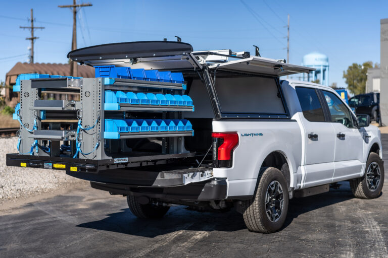 Upfit for trucks that shows a slide out storage unit.